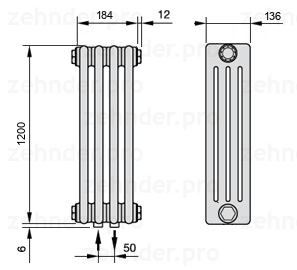 Схема (чертеж) Радиатор Zehnder Charleston 4120/4 №3470 Белый глянцевый RAL 9016